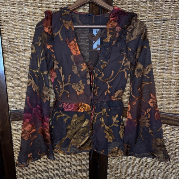 Nasty Gal Tops - Floral Burnout Velvet Sheer Peplum Ruffle Blouse Bell Sleeve Whimsigoth Grunge 4